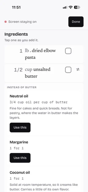 An ingredient substitution for butter, with the replacement amount worked out and the recipe scaled to match.